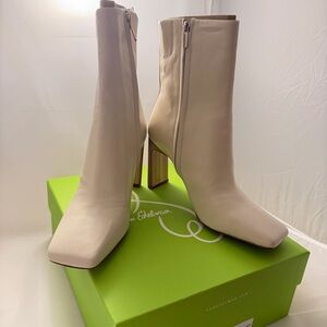 Sam Edelman Women’s Anika Booties Leather Square Toe Mid-Calf Boots Cream Sz 9M